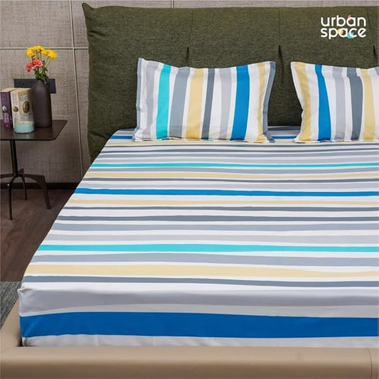 Urban Space Serene Bedsheet for Double Bed 2 Pillow Covers (Colour Multicolour Stripes Blue)