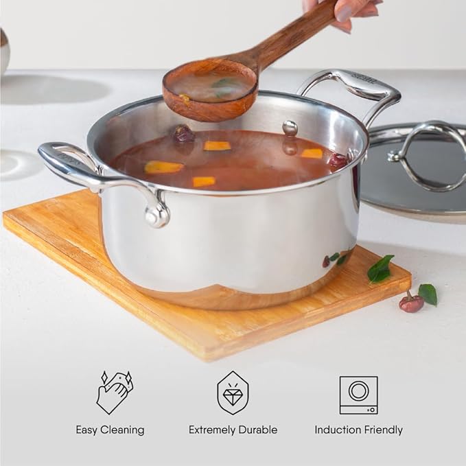 Stahl Artisan Triply Stainless Steel Sauce Pot/ Casserole With Lid | Induction Pot | Briyani Pot/ Handi | 5.1 Litres | 24 Cm