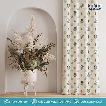 Urban Space Cotton Curtains for Door Set of 2 with Eyelets and TieBack (Colour Calico Blue)