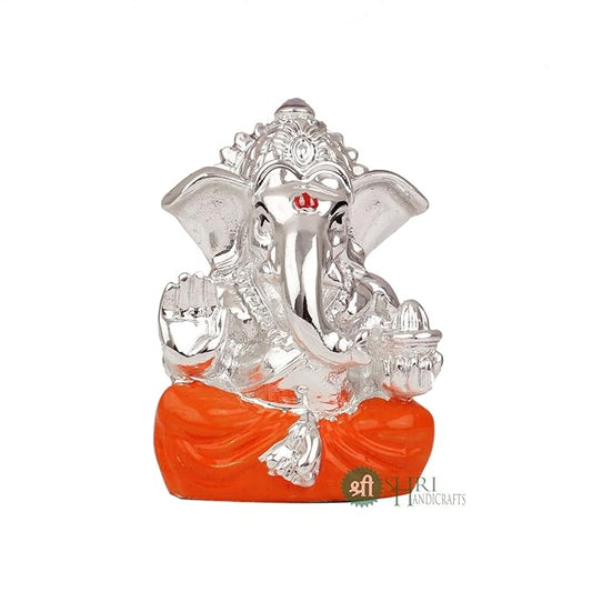 Indicast Hand Carved Silver Plated God Ganesha Resin Idol Sculpture Statue for Home & Office Decor & Gifts | Orange