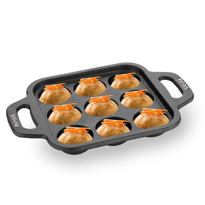 Avias Cast Iron Square Paniyaram Pan with Handle Loha Appe Maker Includes 9 Pits