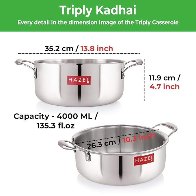 Hazel Triply Stainless Steel Induction Bottom Stok Pot Cookpot Tope with Handle 4 Litre 26.3 cm