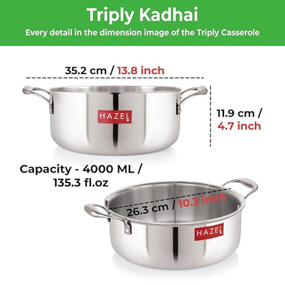 Hazel Triply Stainless Steel Induction Bottom Shallow Casserole Tope with Handle and with Steel Lid 4 Litre 26.3 cm