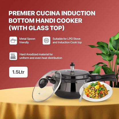 Premier Cucina Trendy Black Hard Anodized Induction Bottom Handi Pressure Cooker 1.5 Liter With Glass Lid - 1520 gms