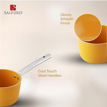 Salford Forged Ceramic Non-stick Saucepan With Glass Lid & Tubular Ss Handle | Mustard Yellow | 160mm | 1.75 Litre