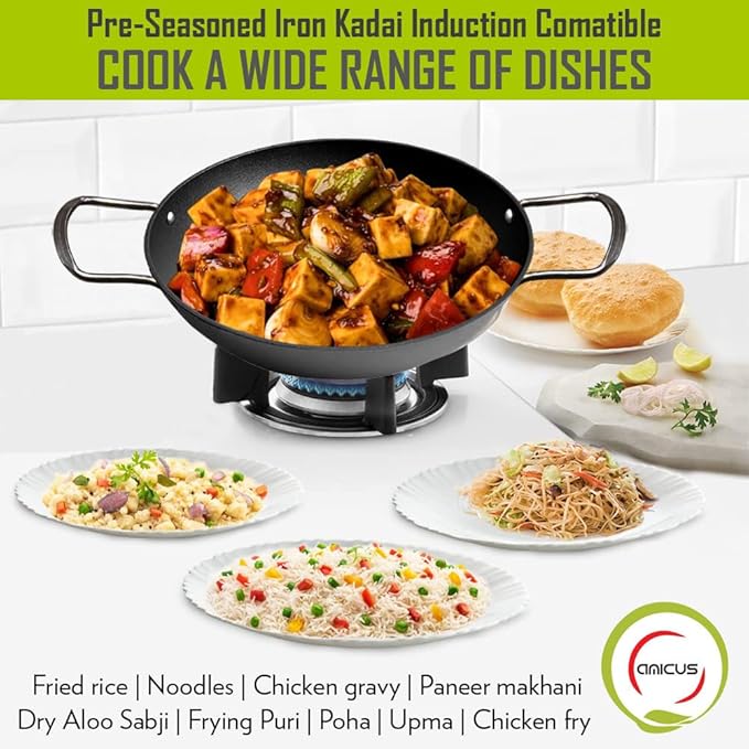 Amicus Kitchen Iron Kadai for Cooking & Deep Frying Pre-Seasoned Iron Kadhai Fry Pan 22 Cm 1.5 L