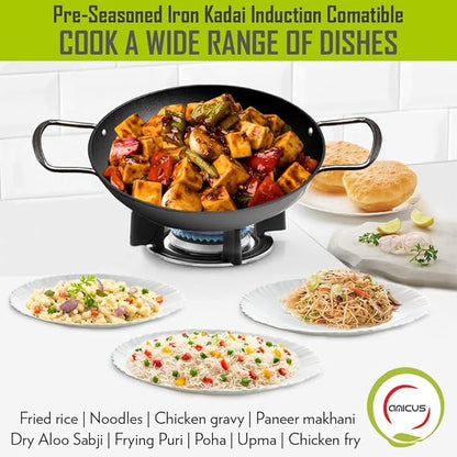 Amicus Kitchen Iron Kadai for Cooking & Deep Frying Pre-Seasoned Iron Kadhai Fry Pan 22 Cm 1.5 L