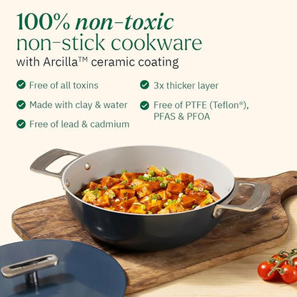 Ember Cookware Arcilla Ceramic Non Stick Kadai 24cm | Metallic Lid | Stainless Steel Handles | Capri Series | Terracotta