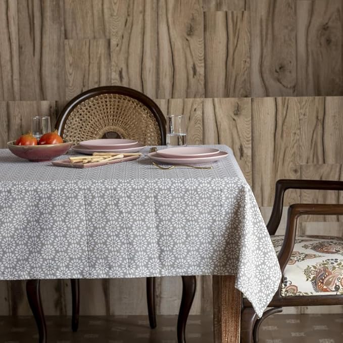 Oak & Lily Table Cloth for 4-Seater Dining Tables in White & Grey Floral Print