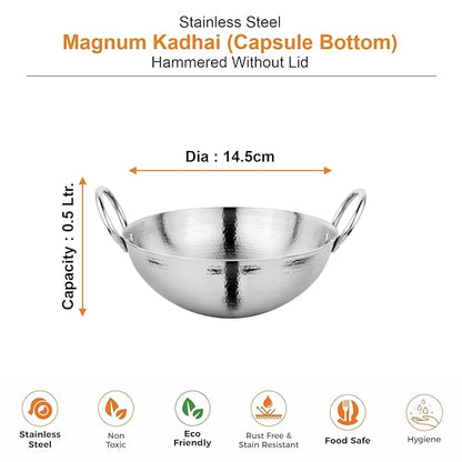 Prabha Stainless Steel Hammered Finish Heavy Gauge Kadhai Kitchen Wok with 0.5L Capacity 145 mm