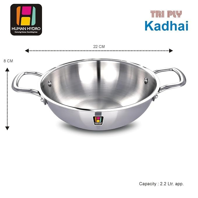 Human Hydro Tri-Ply Stainless Steel Kadai 22cm 2.2L No Lid Induction Gas Heavy-Duty