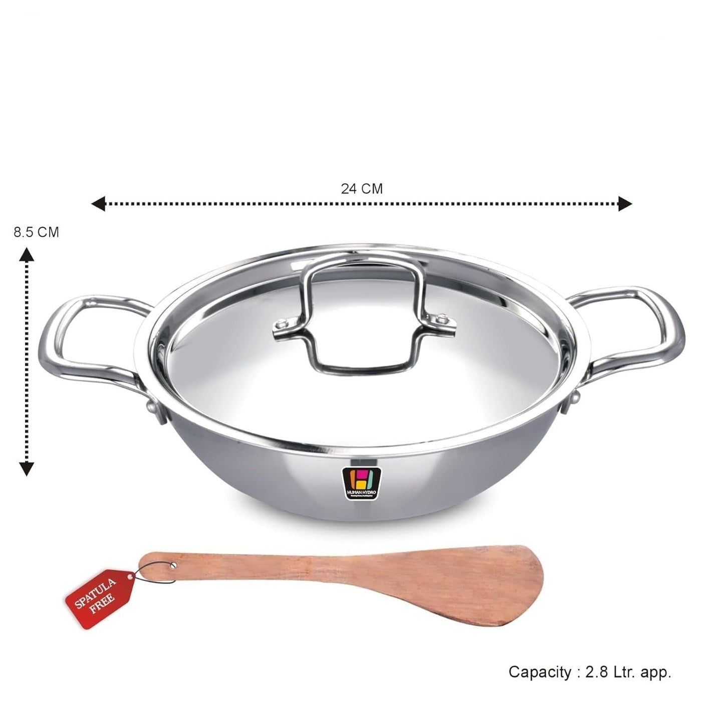 Human Hydro Tri-Ply Stainless Steel Kadai with SS Lid and Spatula 24cm 2.8L Induction Gas