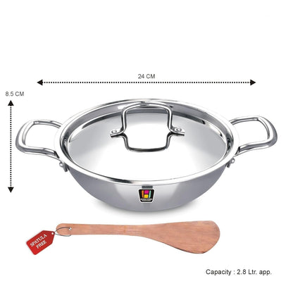 Human Hydro Tri-Ply Stainless Steel Kadai with SS Lid and Spatula 24cm 2.8L Induction Gas