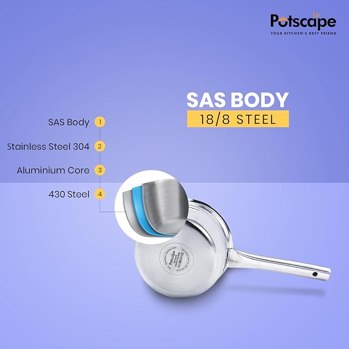 Potscape Triply Sauce Pan Tea pan Milk Pan 18 cm Capacity 2.6 Ltr for Chai Boil