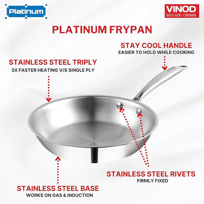 Vinod Platinum Triply Stainless Steel Frypan 24 Cm | 2.5 mm Thick | Steel Pan | Scratch Resistant | Non Toxic