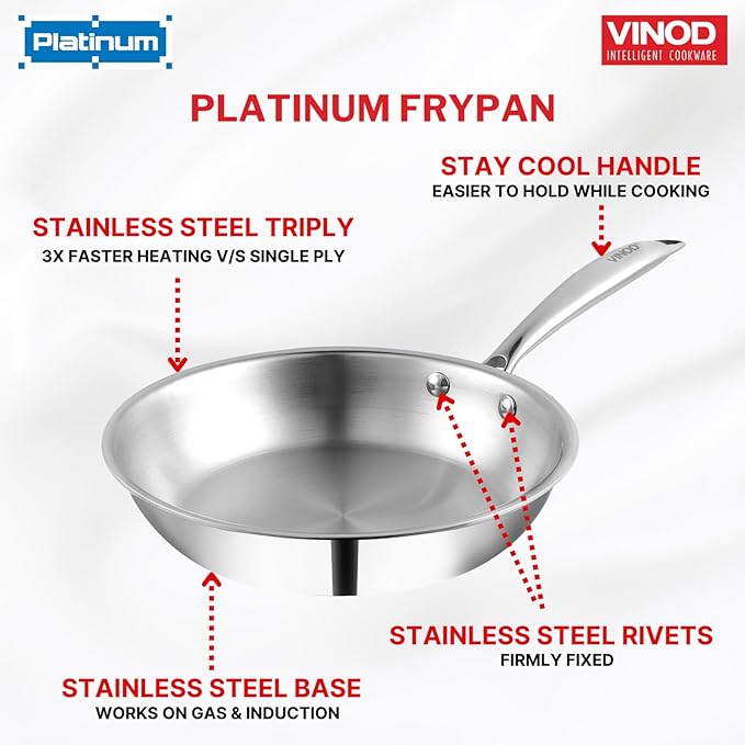Vinod Platinum Triply Stainless Steel Frypan 20 cm | 2.5 mm Thick | Steel Pan | Scratch Resistant