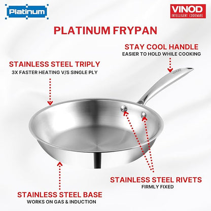 Vinod Platinum Triply Stainless Steel Frypan 22 Cm | 2.5 Mm Thick | Steel Pan | Scratch Resistant | Non Toxic