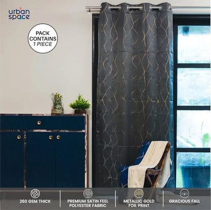 Urban Space Blackout Curtain for Living Room, Gold Foil Printed Luxurious Blackout Decorative Curtain Eyelet with Tieback Curtains 1 Piece Wave Stone Gray