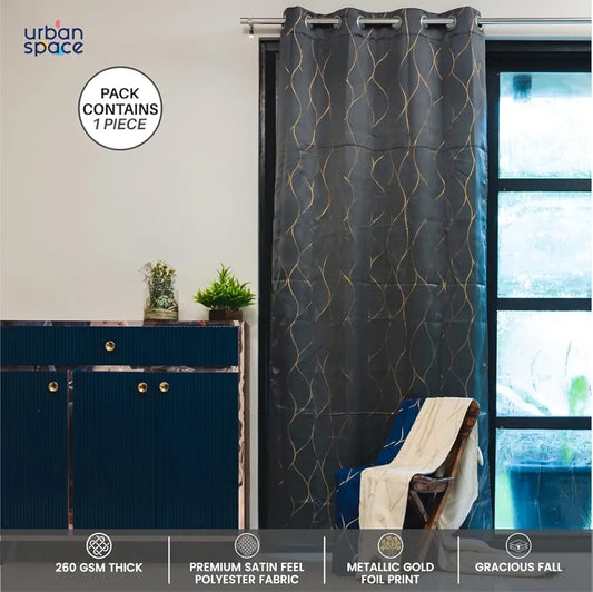 Urban Space Blackout Curtain for Living Room, Gold Foil Printed Luxurious Blackout Decorative Curtain Eyelet with Tieback Curtains 1 Piece Wave Stone Gray