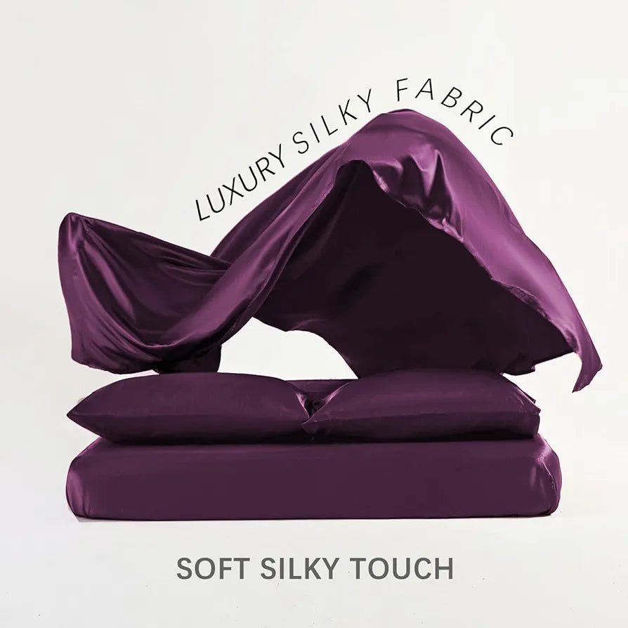 Cloth Fusion Satin Bedsheet for Queen Size Bed Set of 1 Satin Sheet 2 Pillow Covers Wine