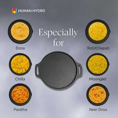 Human Hydro Pre-Seasoned Cast Iron Double Handle Dosa Tawa 30cm with Wooden Spatula Induction Gas
