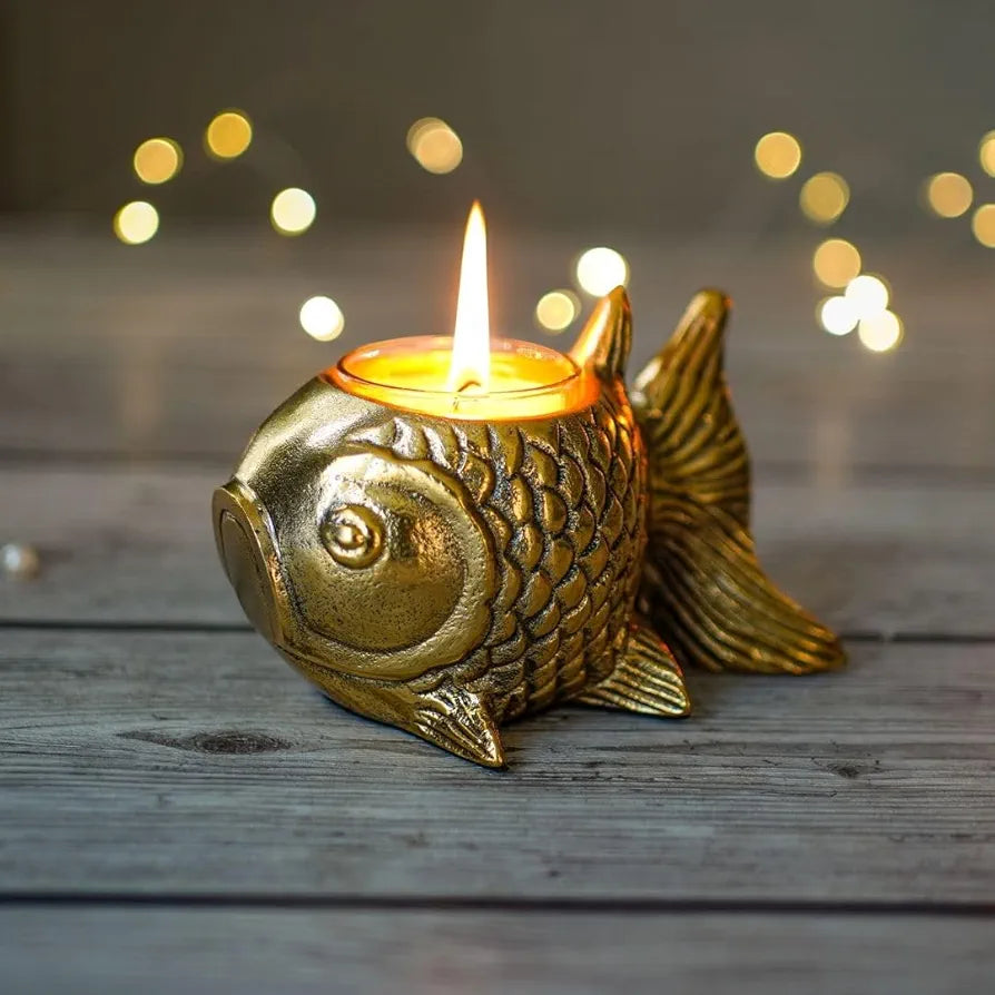 BEHOMA Aluminium Fish Figurine for Good Luck and Success | Candle Holder for Home Dcor Tabletop Living Room | Showpiece for Valentine's Day, Birthday , Gold