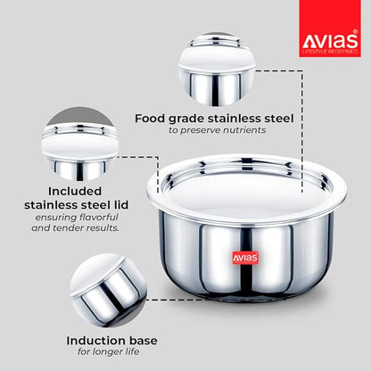 Avias Riara Triply Tope with Lid 24cm Stainless Steel Tope Induction Base 2.5mm Bhagona 5.5 Litre