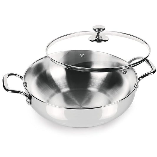 Milton Pro Cook Stainless Steel Sandwich Bottom Kadhai with Glass Lid, 26 cm / 3.51 litres - 1520 gms
