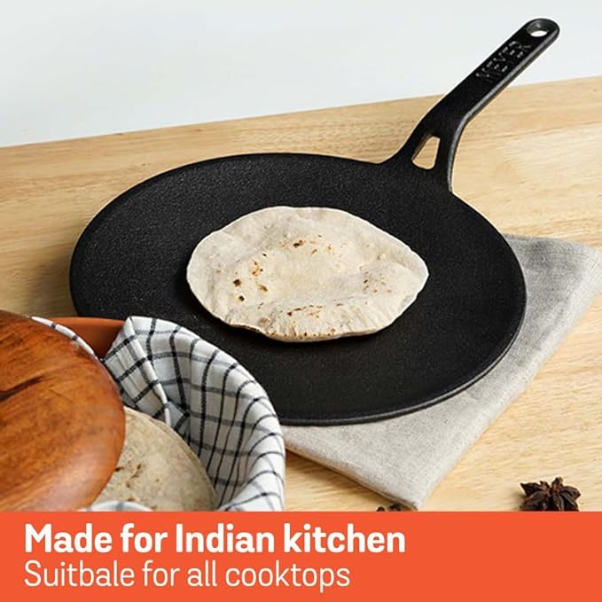 Meyer Pre-Seasoned Cast Iron Roti Tawa Pan with Stick Handle 26cm Black