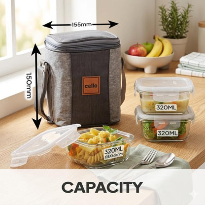 Cello Glassy Square Lunch Box Set of 3 Pcs (320ml x 3) with Jacket