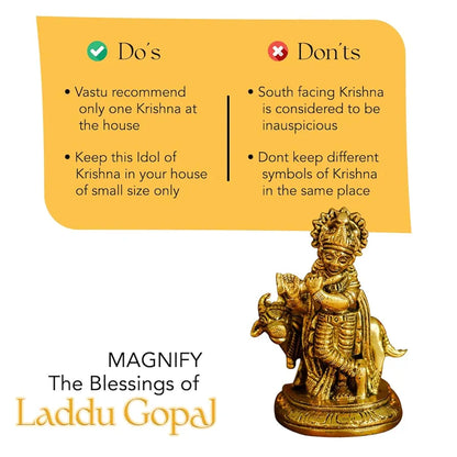 Ekhasa Pure Brass Lord Krishna Idol with Flute Shree Lord Krishna Statue Golden Krishna With Cow