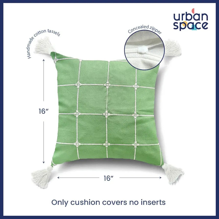 Urban Space Embroidered Cotton Cushion Cover Set of 2 Cushion Covers for Sofa, Bedroom, Living Room Aura Checks Green