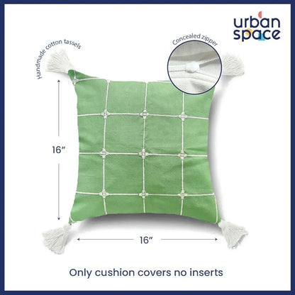 Urban Space Embroidered Cotton Cushion Cover Set of 2 Cushion Covers for Sofa, Bedroom, Living Room Aura Checks Green