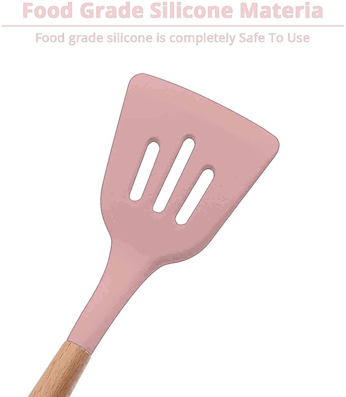 Woodtula Kitchen Silicone Slotted Turner with Wooden Handle Non-Stick Kitchen Utensil Tools Pink