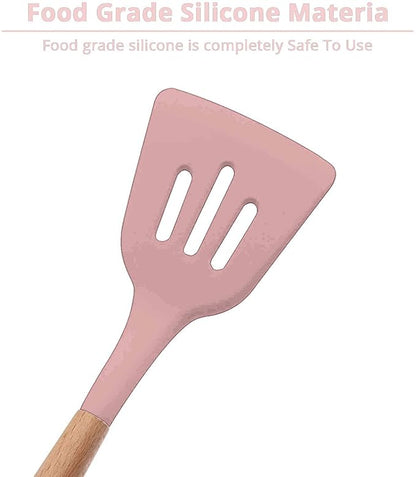 Woodtula Kitchen Silicone Slotted Turner with Wooden Handle Non-Stick Kitchen Utensil Tools Pink