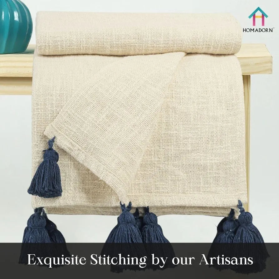 Homadorn 100% Cotton Off White Throw Blanket with Handmade Colorful Tassel Colour Navy Blue