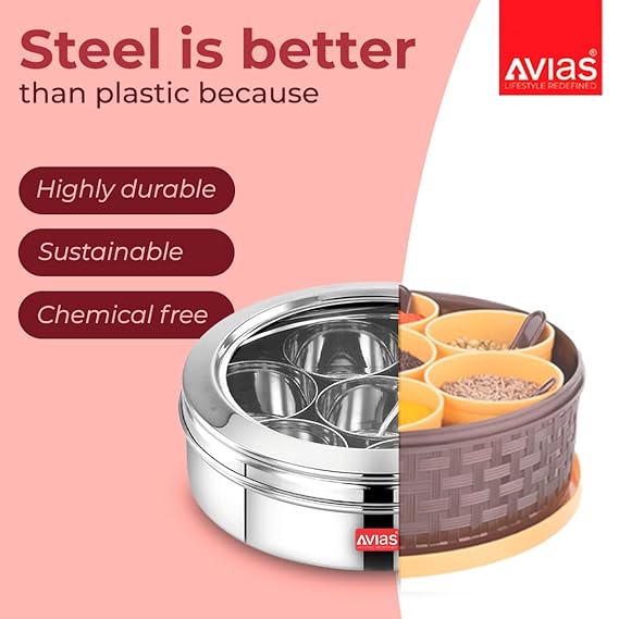 Avias Elegant Stainless Steel Spice Box Cum Organiser With See Through Lid Glass Lid Masala Dani