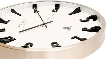Harris & Co. Clockmasters Silent Sweep Noiseless Technology Analog Wall Clock With Black 3d Numbers Champagne Gold