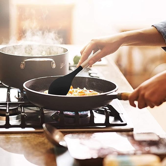 P-Plus International Wooden Handles Non Toxic Silicone Turner Spatula Spoon Kitchen Black