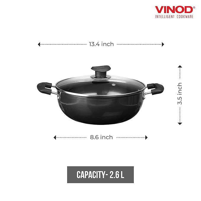 Vinod Black Pearl Plus Hard Anodised Deep Kadhai with Lid - 2.6 Litre, 22 cm | 3.25mm Thick | Natural Stick Free Kadai