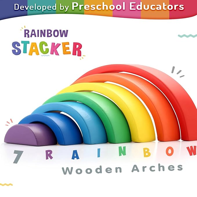 Firstcry Intelliskills Premium 7 Pcs Wooden Rainbow Blocks Stacker Game | Montessori Educational Round Stacking Toy for Kids