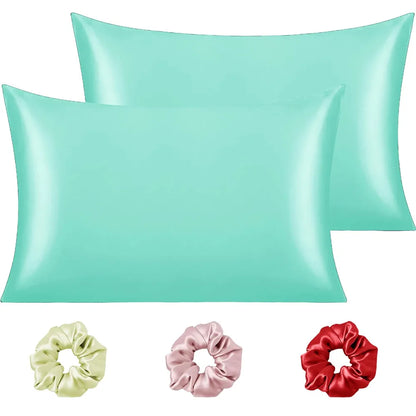 Cloth Fusion Satin Pillow Cover Set of 2 Pillow case with 3 Satin Soft Scrunchies Sea Green