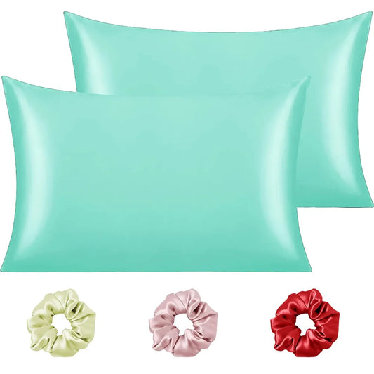 Cloth Fusion Satin Pillow Cover Set of 2 Pillow case with 3 Satin Soft Scrunchies Sea Green