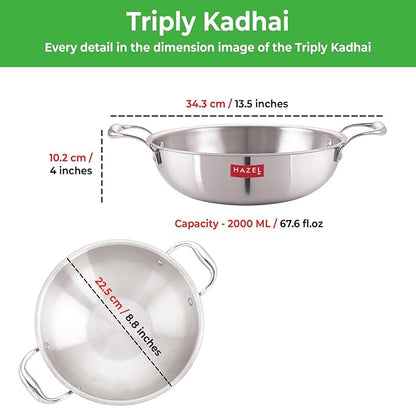 Hazel Triply Stainless Steel Kadai Triply Kadai Steel 2 litres Induction Bottom