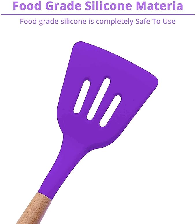 Woodtula Kitchen Silicone Slotted Turner with Wooden Handle Non-Stick Kitchen Utensil Tools Purple