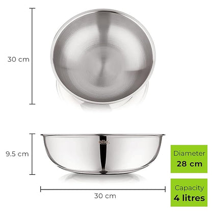 Allo Triply Stainless Steel Tasla Ideal Tasla for Curry Stir-Fry Deep-Fry Kadhai 28cm 4 litres