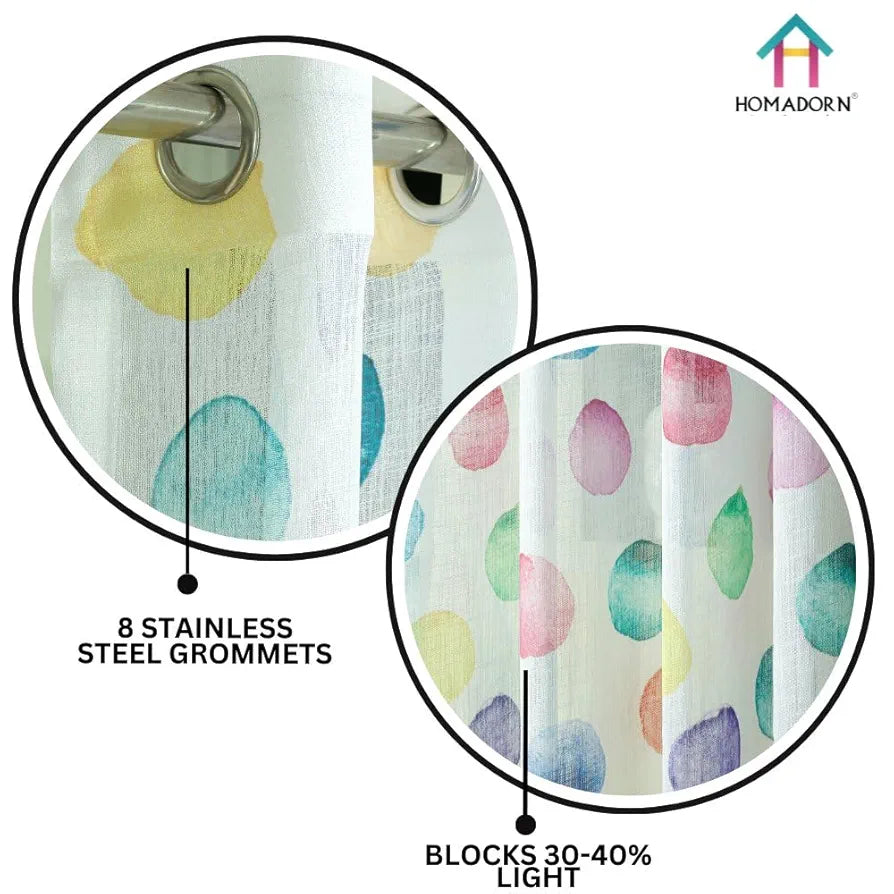 Homadorn Linen Sheer Printed Semi Transparent Curtains for Window Set of 2 Rainbow Circles