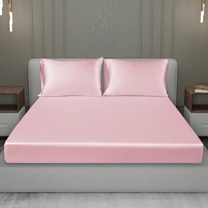 Cloth Fusion Satin Elastic Fitted Bedsheets Double Bed Luxury Queen Size Bed Sheet with 2 Pillow Covers Baby Pink