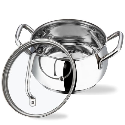 Vinod Almaty Stainless Steel Casserole with Glass Lid 2.9 Litre, 18 cm | 2.6mm Thick Base