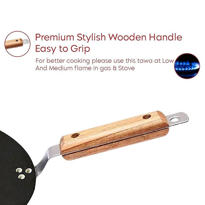 Femora 10 Inchs Iron Flat Tawa With Wooden Handle | Tawa for Roti